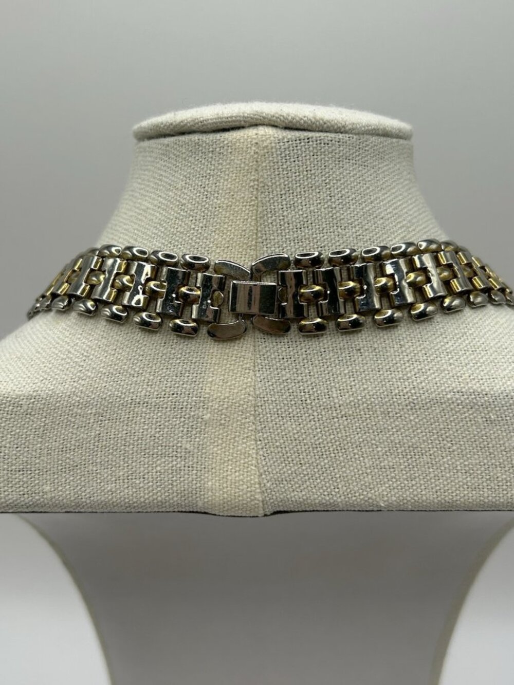 Vintage Two Tone Link Necklace Silver Gold Tone Chunky Statement 17” Bold Panel - Picture 4 of 11